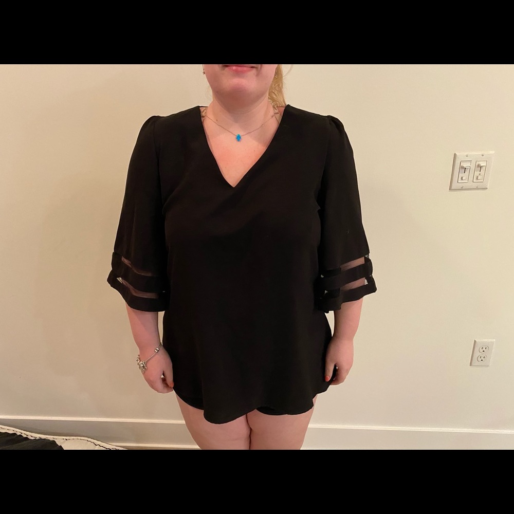 Black Flounce Sleeve 3/4 Blouse